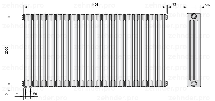 Схема (чертеж) Радиатор Zehnder Charleston 4200/31 №3370 Белый глянцевый RAL 9016